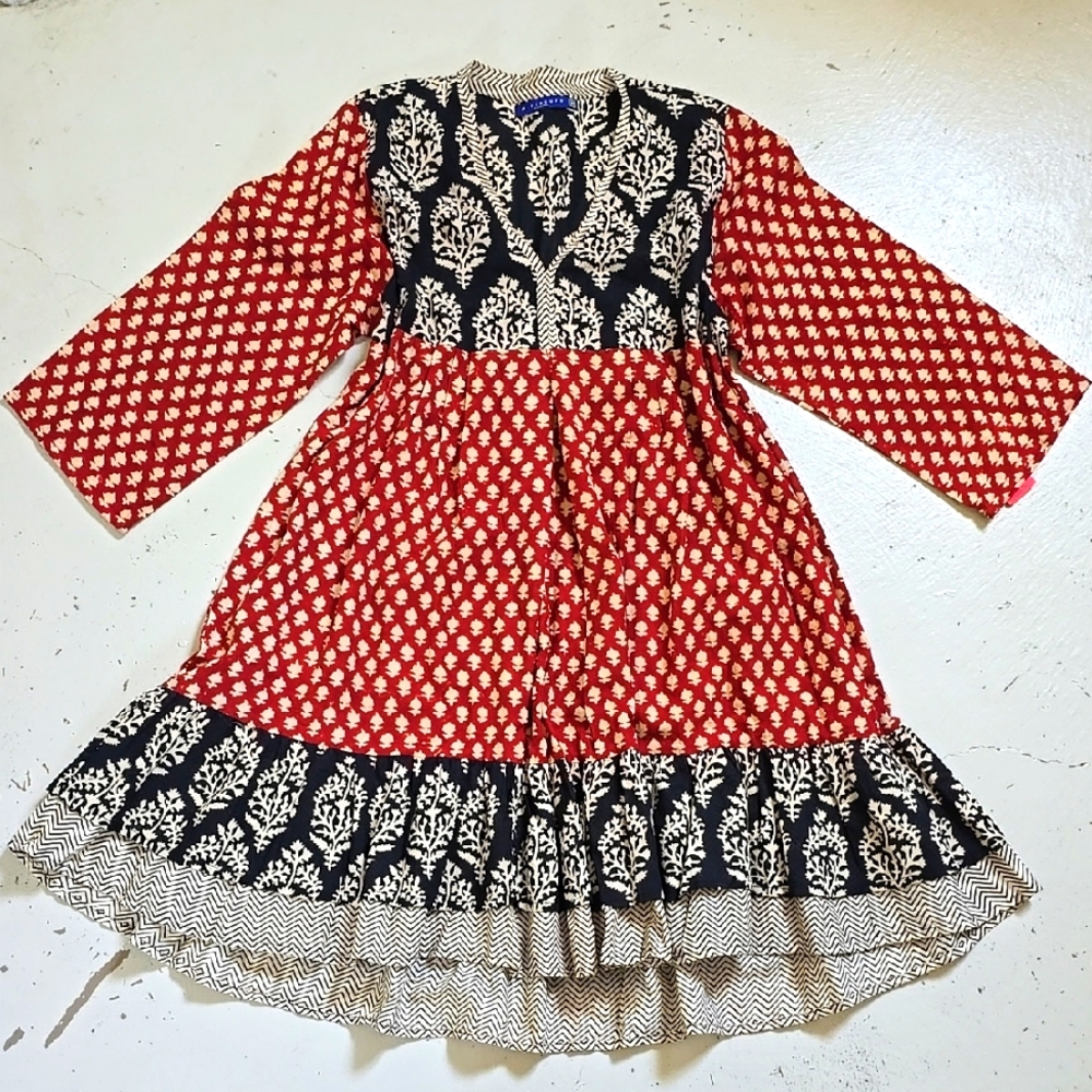 Miniature Auroville Ikat Boho Dress Orange Cream Black Pattern Medium